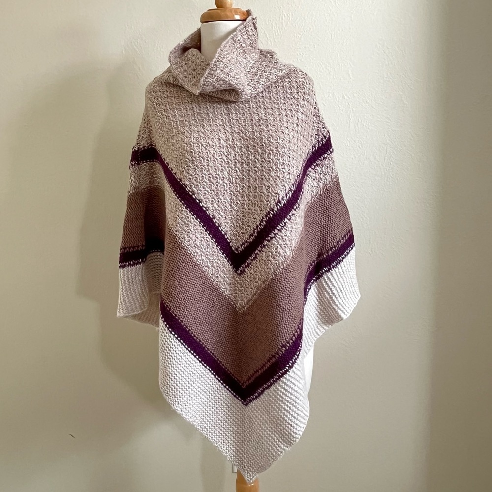 Cream and Burgundy Knit Turtleneck Poncho